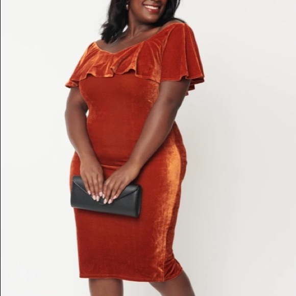 Unique Vintage Dresses & Skirts - Unique Vintage Plus Size Burnt Orange Velvet Sophia Wiggle Dress, 2X
